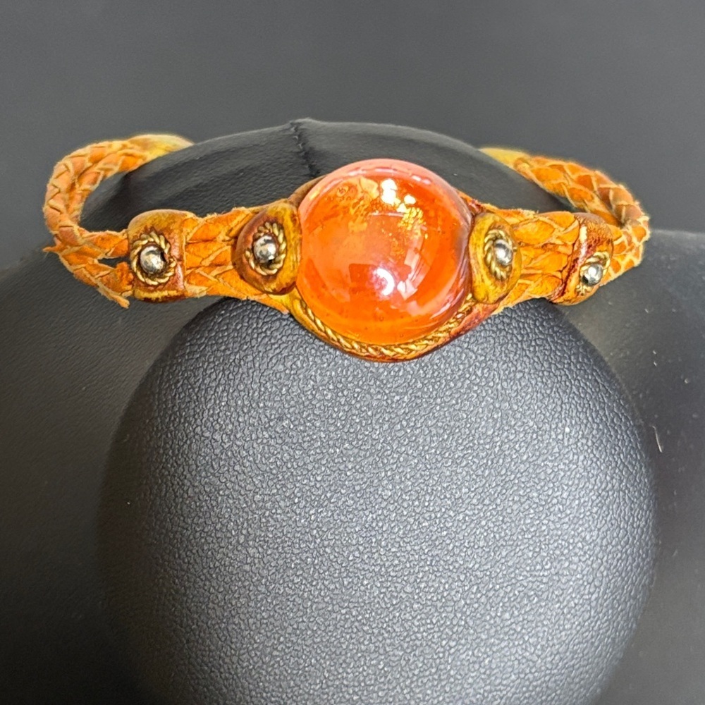 WOMEN’s Orange Braided LEATHER BRACELET Glass Accents Jewelry Boho